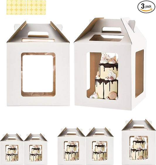 Tall Cake Boxes 6 Windows with handle, In 3 Size 10x10x10&12x12x12&14x14x14inch Cake Carrier,Square Cake box,Take Out Transport Containers for Wedding, Birthday, Party(5Pcs-White)