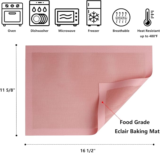 AMYONE Perforated Baking Mats, 2 PCS Pink Eclair Silicone Mat for Half Sheet, Non-Stick Reusable Oven Liners for Making Bread/Pizza/Pastry/Cookie 11 5/8" x 16 1/2", Sakura Pink