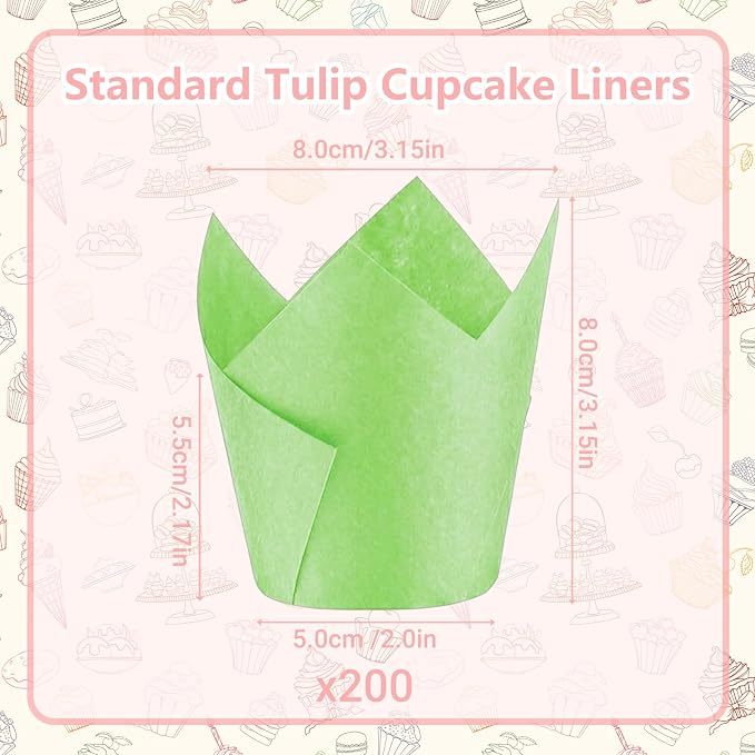 200 Pcs Green Tulip Cupcake Liners for Baking, Standard Size | Standard Greaseproof Tulip Muffin Liners for Baking, 3oz Green Paper Cupcake Wrappers for Party Wedding Birthday