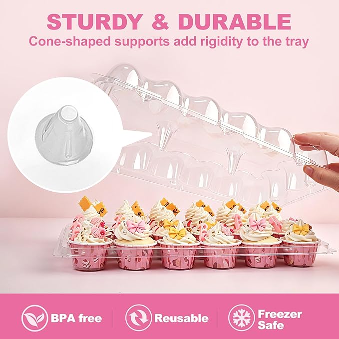 LotFancy (24 Count x 12 Sets) Mini Cupcake Containers with 288 Liners, Plastic Cupcake Boxes Holder, BPA Free, Clear Disposable Cupcake Carriers with Detachable Dome Lid
