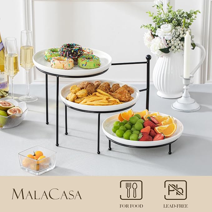 MALACASA White 3 Tier Serving Tray Stand with Black Rack, 10 Inch Porcelain Tiered Dessert Stand for Cupcakes, Cakes, Fruit & Appetizers, Ceramic Serving Platter for Party, Wedding & Tea Party
