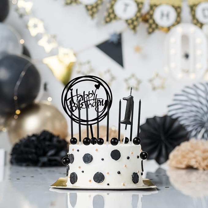 Yerliker 34 Pcs Happy Birthday Cake Toppers Decorations Birthday Candles DIY Cake Decor for Men Women Wedding Anniversary(Black)