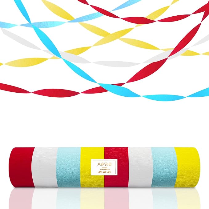AOYOO Crepe Paper Streamers with Tassels, 8 Rolls (Red, Blue, Yellow) - Party Decorations for Birthdays, Baby Showers, Class Parties, Family Gatherings