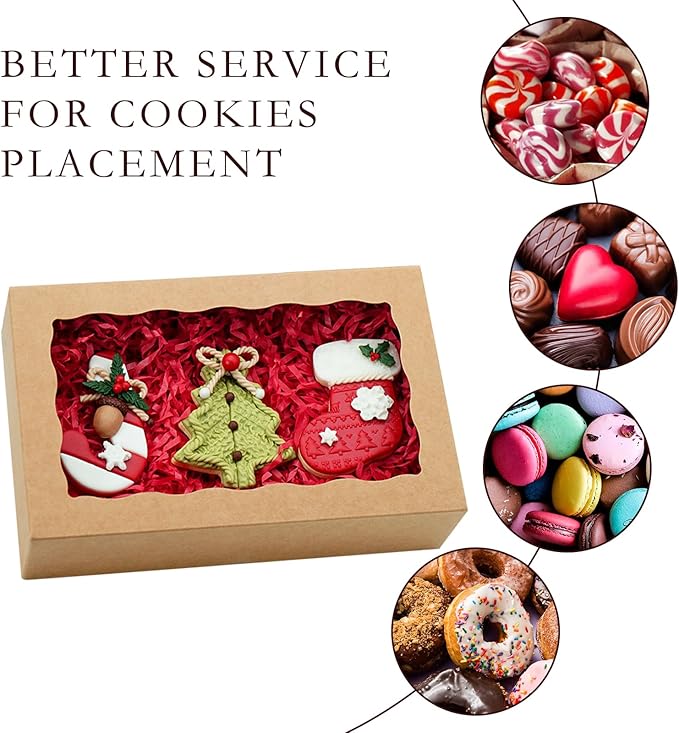 50pcs Cookie Boxes with Window 8x5x2 Inches Bakery Boxes Treat Box Dessert Box for Macaron Truffle Chocolate Covered Strawberries - Brown