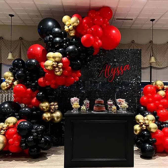PartyWoo Red Black and Gold Balloon Arch Kit Garland 140pcs Different Sizes of 18 12 10 5 Inch Matte Black Red Metallic Gold Confetti Balloons for New Year's Eve Graduation Birthday Party Decorations