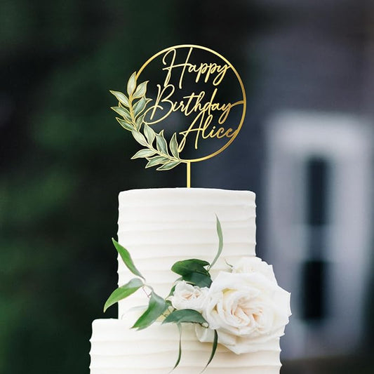Happy Birthday Cake Topper Custom Name Personalized Birthday Cake Decoration with Green Leaves (Style 01)