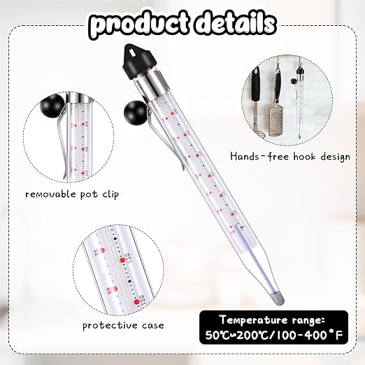 Photect Candy Thermometer with Pot Clip 8" Deep Fry Oil Thermometer for Candy Making Instant Read Cooking Food Sugar Syrup Jam Jelly Oil Temperature Kitchen Accessories(Black,1 Pcs)