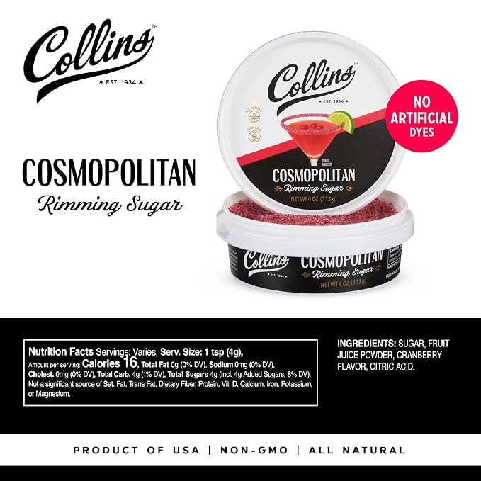 Collins Cosmopolitan Cocktail Sugar, Red Cranberry Flavored Rimming Sugar for Cosmos, Cranberry Martinis, Vodka Cranberry, Champagne Spritzers, 4 oz