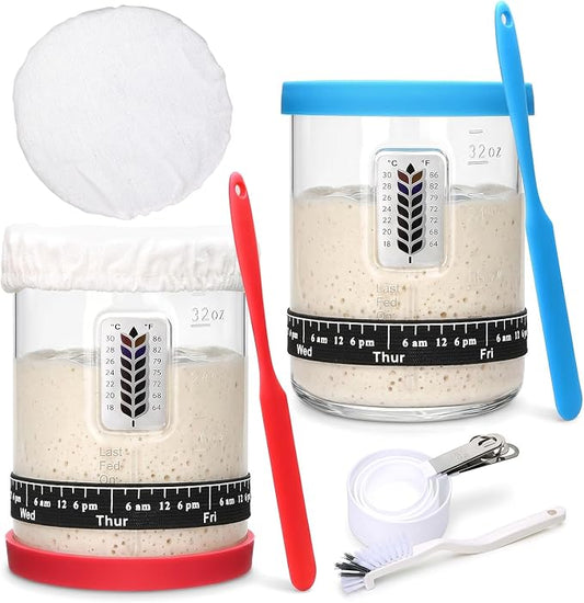 2Pack Sourdough Starter Jar - 40oz Large Sourdough Jar with Marked Feeding Band,Temperature Patch,Scraper, Cloth Cover and Silicone Lid&Base,Measuring Spoon Set,Cleaning brush-RED&BLUE