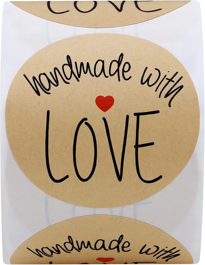 Hybsk Kraft Handmade with Love Stickers with Black Font Total 2" Round 300 Adhesive Labels Per Roll