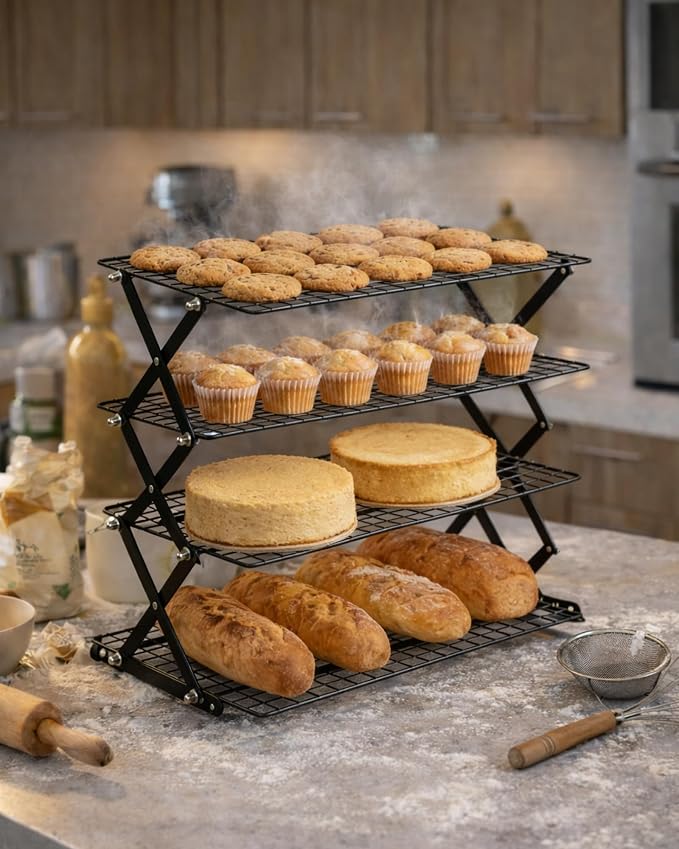 4 Tier Collapsible Cooling Rack for Baking, Adjustable Stackable Wire Cookie Cooling Racks, Space-Saving Foldable Baking Rack with Stable X-Leg Design for Cookies, Cakes, Bread and Pastries