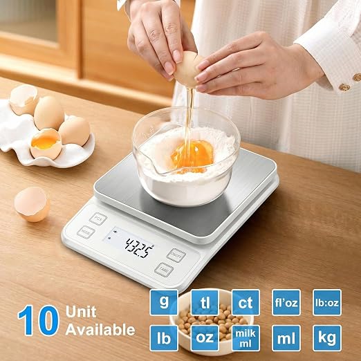 22lb Rechargeable Stainless Steel Scale, Diyife Large Kitchen Food Scale with 0.1g/0.001oz High Precision, LCD Display, 10 Unit, Waterproof IPX67, Washable, Hangable, for Baking, Cooking, White