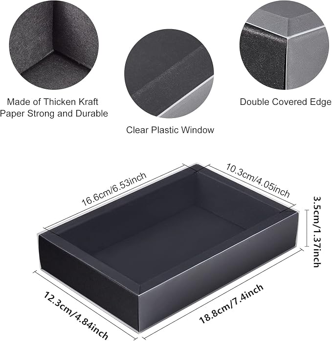 BENECREAT 12 Pack Black Drawer Kraft Boxes with PVC Plastic Window 7.3x5x1.4 Rectangle Paper Gift Boxes for Wedding Party Favor, Candy Jewelry, Gift Packaging