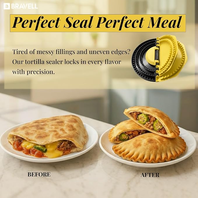 4-in-1 Tortilla Sealer (10+8+6+4 Inch) Crimper & Empanada Maker Press - Make Tortillas, Dumplings & More with Easy-Clean Food-Grade Plastic Tool with User Manual in Yellow/Black