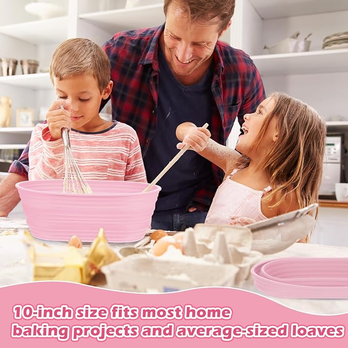 Nuogo 4 Pack Oval Bread Proofing Basket Silicone 10 Inch Collapsible Sourdough Bread Baking Supplies Dough Proofing Bowl with 4 Pcs Dough Scraper and 4 Pcs Basket Covers (Pink)