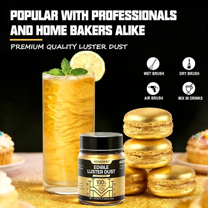 HomeHere Luster Powder Dust Edible Cake Dust 8g, Edible Sprinkle Glitter for Cocktails Drinks Baking Candy Dessert Chocolate Vegan Tasteless