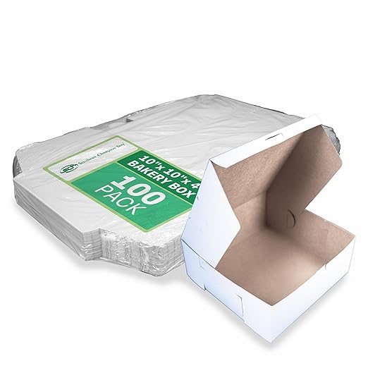 Southern Champion Tray 0973 Premium Clay-Coated Kraft Paperboard White Non-Window Lock Corner Bakery Box, 10" Length x 10" Width x 4" Height, White (Case of 100)