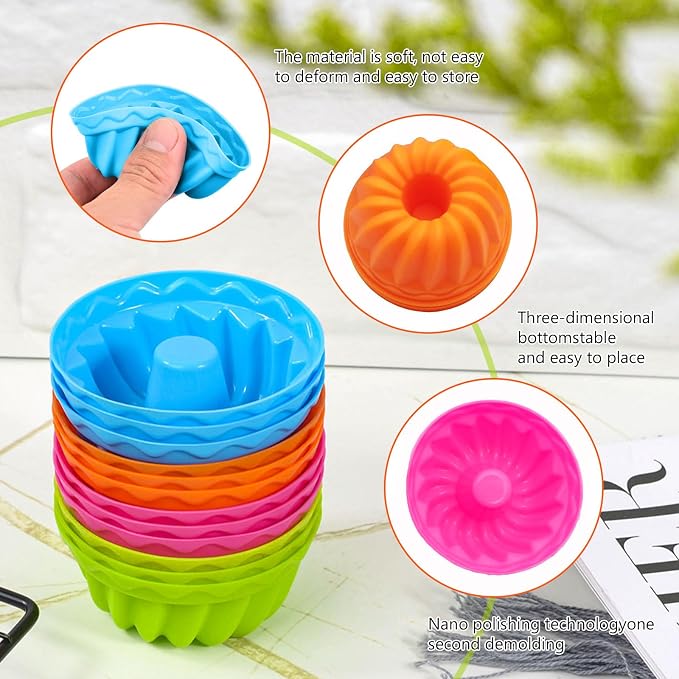 24er Pack Silicone Donut Pans for Baking, Mini b undt Pan Silicone Donut Molds, Nonstick Doughnut Muffin Pumpkin Cup Cupcake Molds Pan, Mini Fluted Tube Silicone Baking Molds