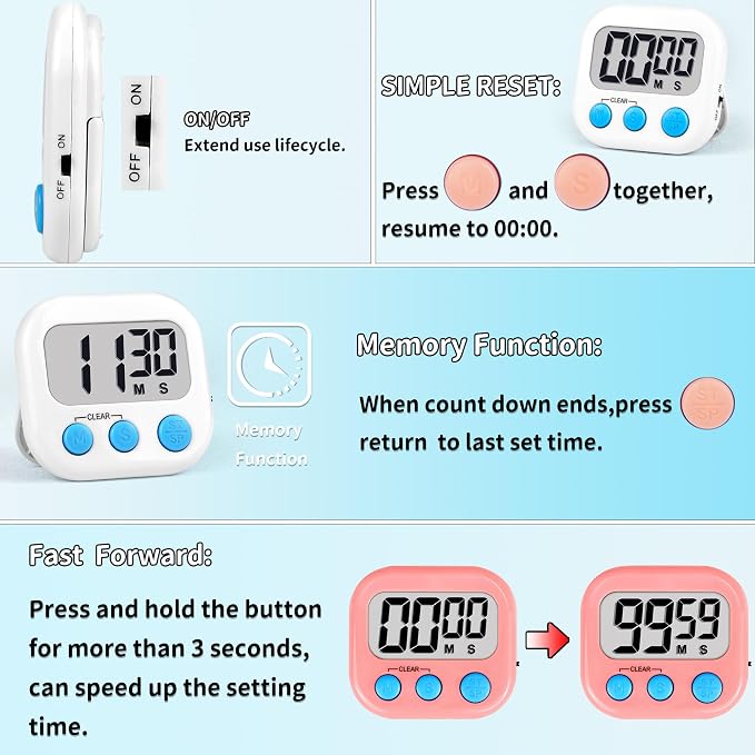 Timer for Kids Teachers Supplies Digital Kitchen Timers for Cooking Large Magnetic Classroom Timer 2Pack-White Pink