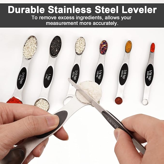Aovchei 8 PCS Magnetic Measuring Spoons Set, Dual Sided, Stainless Steel Small Tablespoon, Teaspoons, Fits in Spice Jars, for Dry and Liquid, Black