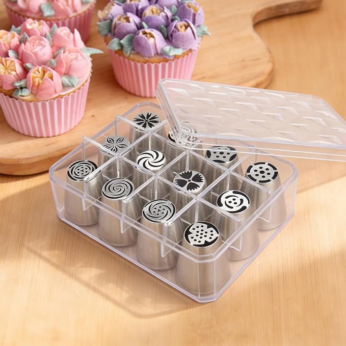 12 Pcs Large Russian Piping Tips Set with Storage Case, 304 Stainless Steel Icing Nozzles, Cake Decorating Tools for Cupcake, Cookie, Dessert Baking