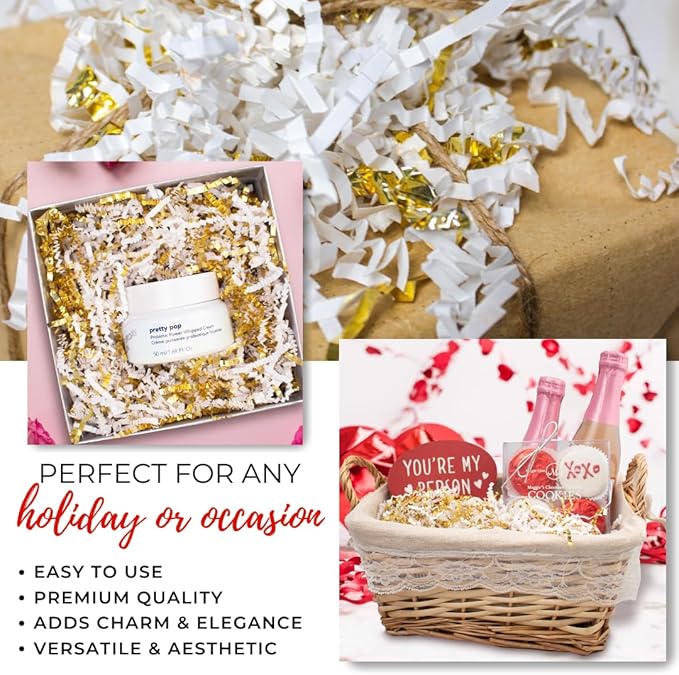 MagicWater Crinkle Cut Paper for Gift Baskets - 2LB - White & Gold - Perfect for Shredded Paper Filler, Basket Filler, Gift Boxes, Bridesmaid Gifts, Christmas Stuffers & More – Ideal for All Occasions