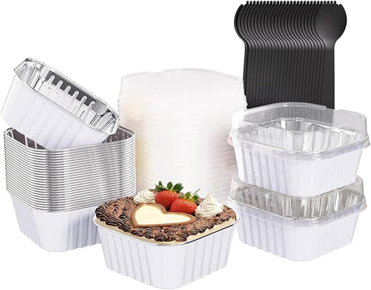 25 Pack Square Mini Cake Pans with Lids,Mini Loaf Pans with Lids,Aluminum Foil Baking Cups,Disposable Ramekins Cupcake Cups,Dessert Cups for Wedding Birthday Party Picnics,5oz (White)