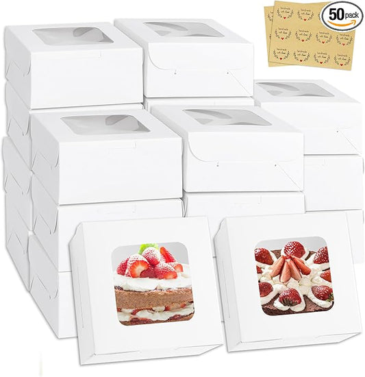 50pcs White Cookie Boxes,4x4x2.5 Inches Treat Boxes with Window for Gifting,Mini Cake,Pastry,Dessert,Bakery,Macaroon,Candy,Donut Boxes(with Stickers)