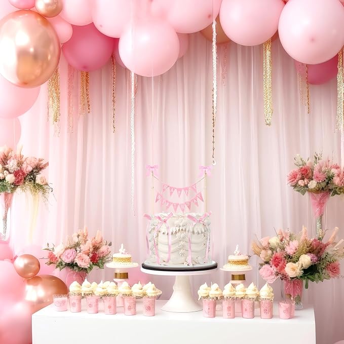 Honeydak 11 Pcs Pink Bow Ribbon Cake Topper Happy Birthday Cake Bunting Topper with Wood Pole Handmade Pennant Flags with Bows Ribbon for Birthday, Bridal Party Decoration