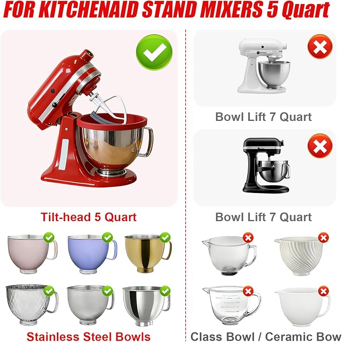 Foldable Silicone Liners for 5 Qt KitchenAid Tilt-Head Stand Mixer(Only), Odourless,Thicker, Cold/Heat-Resistant & Non-Stick, Easy Clean, with Splash-proof Bowl Lid, Red