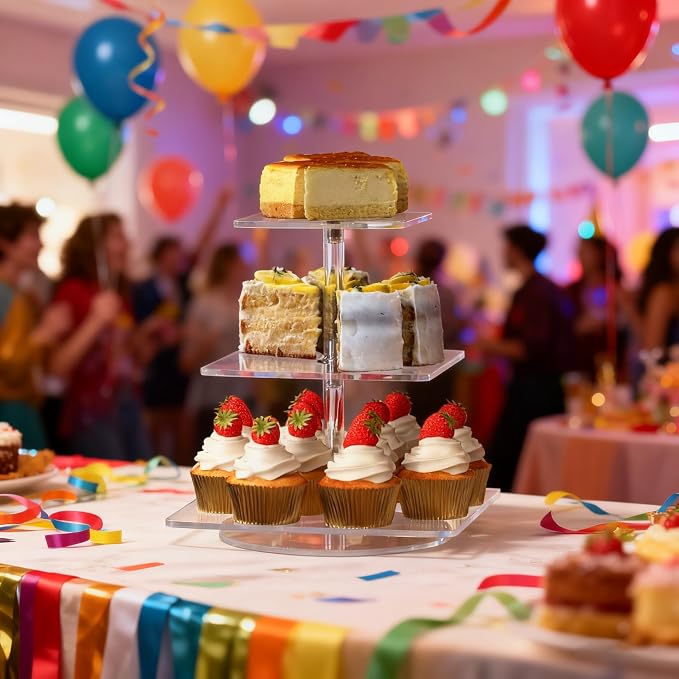 3-Tier Rotating Cupcake Stand, Clear Acrylic 360° Spinning Dessert Display Tower for Cakes & Pastries, Serving Stand for Weddings, Birthdays, Parties - Square