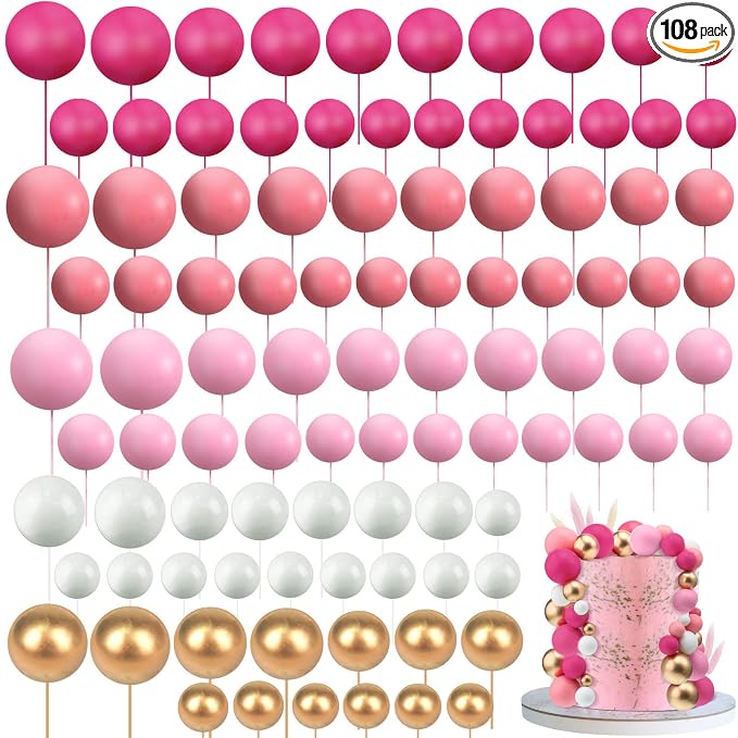 108 Pcs Balls Cake Topper DIY Cupcake Insert Foam Balloons for Cake Baking Wedding Anniversary Birthday Decoration(Pink Series, White, Gold,Multi Sizes)