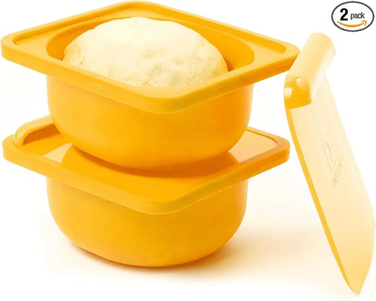 Yellow 2 Pack 500ml Pizza Dough Proofing Containers With Lids - Silicone Pizza Dough Proofing Box With Built-In Dough Cutter and Measurement Marks, Stackable, Dishwasher, Fridge & Freezer Safe
