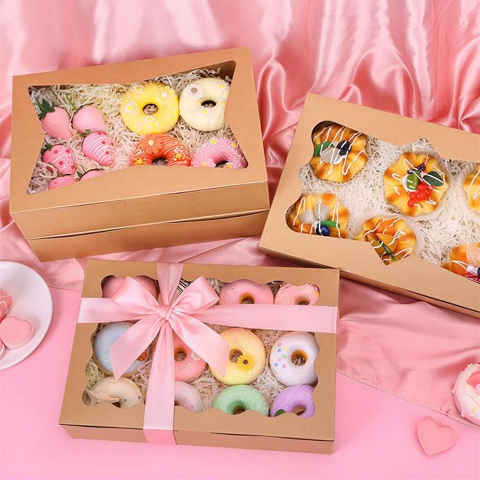 TOMNK 7pcs Cookie Boxes, 12x8x2.5 Inches Bakery Boxes with 3 Style Window for Chocolate Covered Strawberries, Donuts, Pastries (Brown)