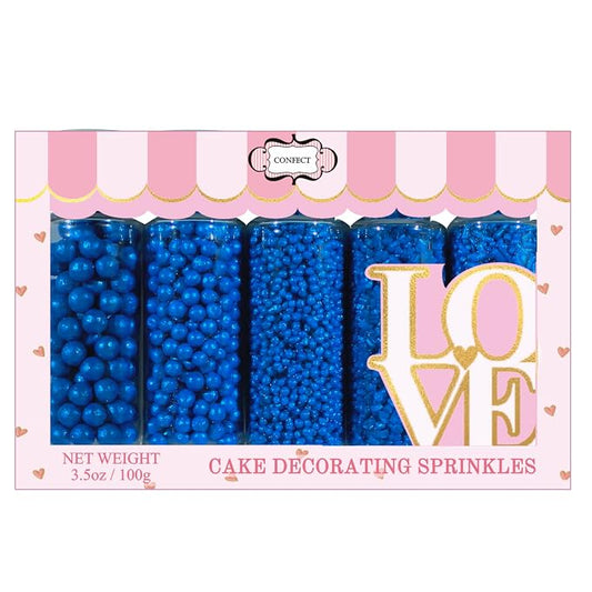 Confect Blue Edible Sprinkles – Vegan, Gluten-Free Mix with Jimmies, Pearl Dragees & Sparkling Sugar – Assorted Shades of Persian & Poppy Blue for Cake and Cupcake Decorating- 5 Oz