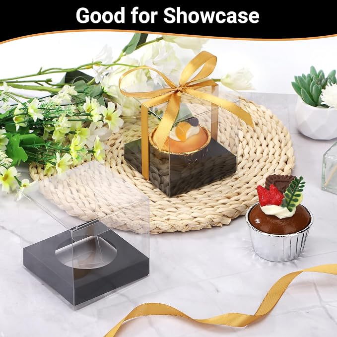 EUSOAR Cupcake Containers, 12 Pcs 3.5 Inch Single Individual Pastry Cupcake Boxes Transparent with Inserts, Clear Dessert Muffin Holder Disposable Cake Carrier for Wedding Party Favor Decor-Black/Gold