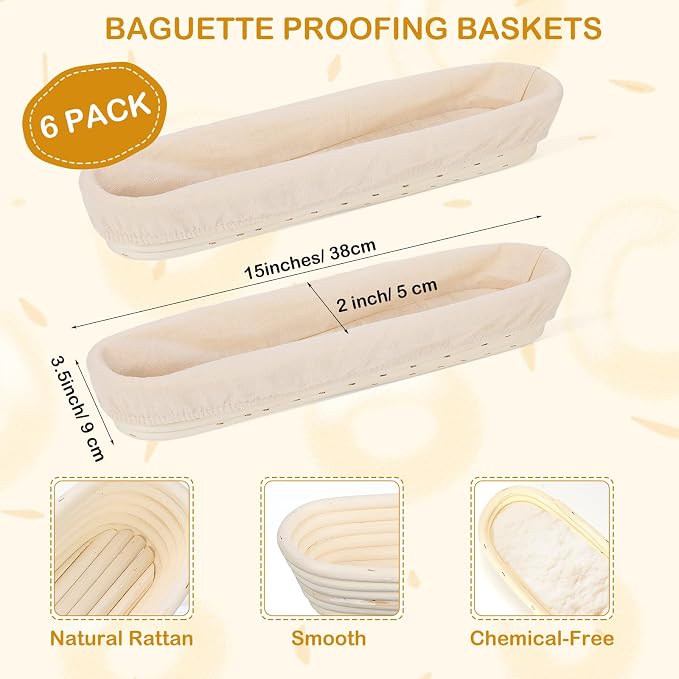 Vesici 15 Inches Baguette Banneton Proofing Basket 6 Pack with Linen Liner Baguette Banneton Bread Baking Baskets Rattan Dough Proofing Baskets for Baguette, Home Bake, Bakers Supplies, Baking Gifts