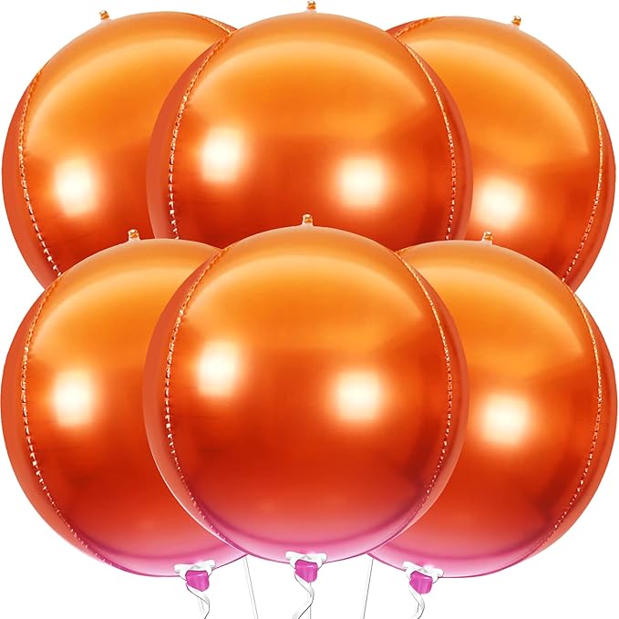 KatchOn, Orange Mylar Balloons - Large 22 Inch, Pack of 6 | Round 4D Orange Foil Balloons, Metallic orange Balloon for Birthday Decoration, Halloween Decorations, Basketball Party Decorations