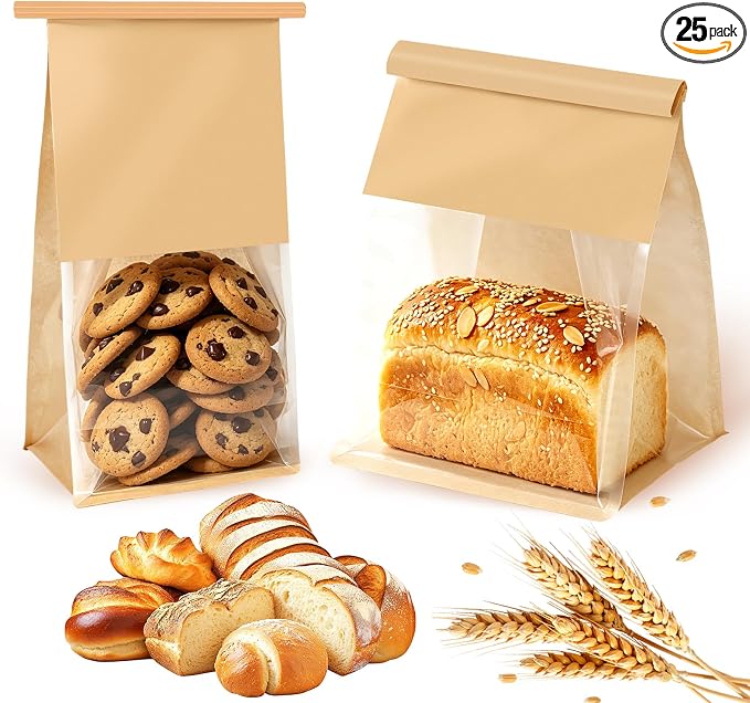 Bakery-Grade Bread & Cookie Bags, 2-Size 25PCS Luxury Brown Paper Bags with Clear Window & Reusable Tin Tie, Odor-Free Safe for Sourdough, Homemade Bread, Popcorn, Bake Sales & Snack Storage