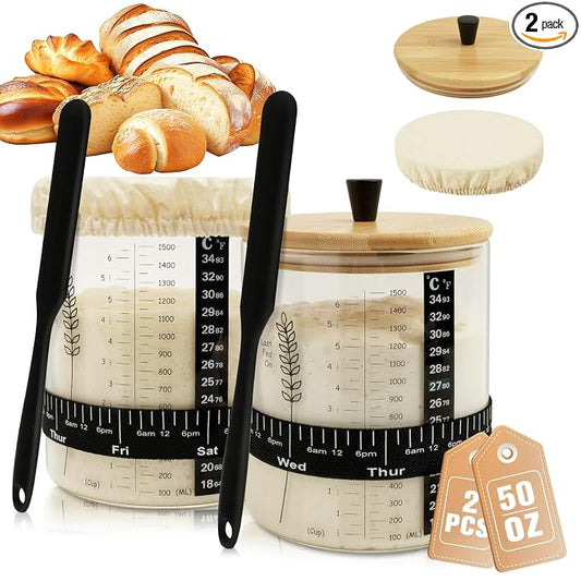 50oz Sourdough Starter Jar, Wide Mouth Sourdough Jar, Large Capacity Sourdough Starter Kit with Lid, Band, Date Tracker, Temp, Sourdough Bread Starter Kit for Perfect Sour Dough(2 Pack)