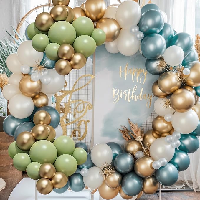 Dusty Blue Green Balloon Garland Kit, Slate Blue Haze Fog Blue Sage Green Beige Gold Balloon Arch Kit, Pastel Olive Green Retro Blue Balloons Arch for Birthday Boho Bridal Shower Wedding Decorations