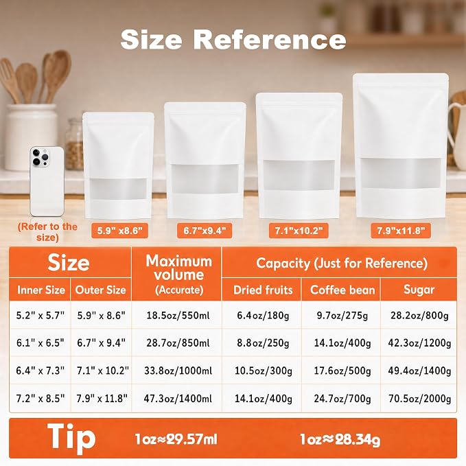 FireKylin 100 Pcs Resealable Bags, Paper Stand Up Pouches Bags with Matte Window for Small Businness, Zipper & Heat Sealable Treat Bags for Packaging (Inner Size 5.2" x 5.7"; Outer Size 5.9" x 8.6")