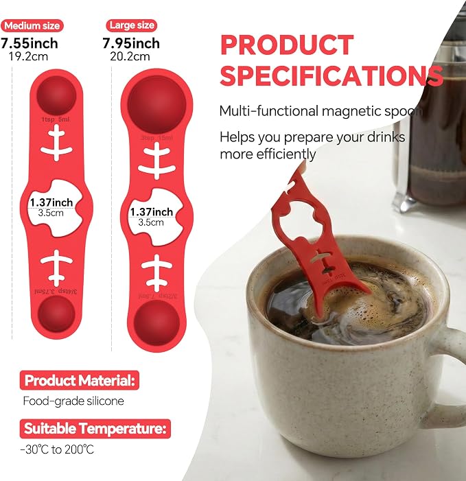 Silicone Magnetic Measuring Spoons, 2 Pack Coffee Measuring Spoons(4-size) - Equipped with strong N50 magnets – securely attach to any metal surface, Suitable for dry and liquid ingredients(RED)