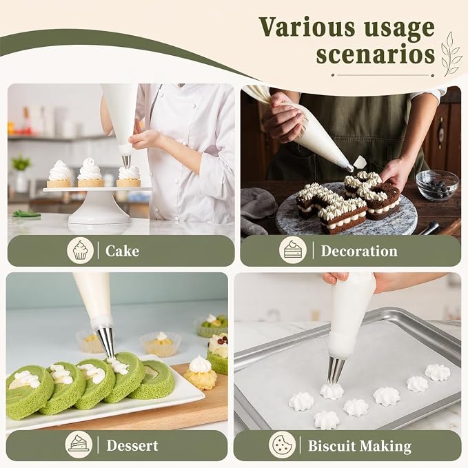 9 PCS Professional Cake Decorating Supplies Kit - Reusable Silicone Pastry Bags and Stainless Steel Icing Piping Tips Set with Couplers and Scrapers, Baking Frosting Tools for Cupcakes, Cookies