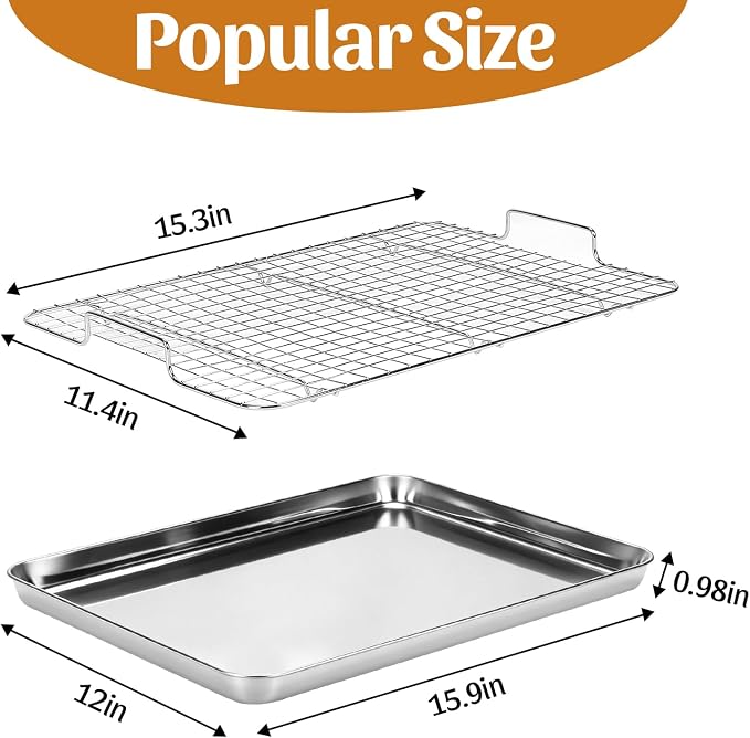 15.9" Large Stainless Steel Baking Sheet with Rack & Glove, Nonstick Baking Pans,Cookie Pan- Heavy Duty, Dishwasher Safe, Easy Clean(2 PCS)