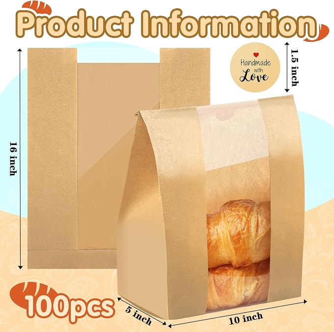 100PCS Paper Bread Bags for Homemade Breads 16×10×5 inch Sourdough Bread Bags with 100 Stickers Kraft Paper Breads Bag with Clear Window for Cookie Bakery Bag