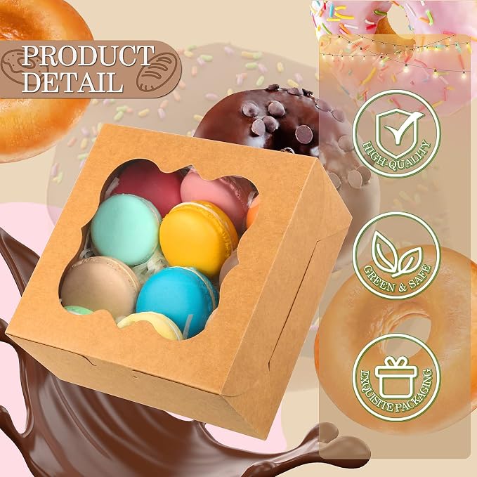 KPOSIYA 65PCS Bakery Boxes with Window 6x6x3 Inches 5 Style Cookie Boxes Small Pastry Boxes for Candy, Dessert, Pastry, Donuts, Birthday Party, Wedding(Brown)
