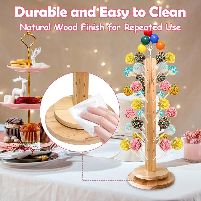 Wood Cake Pop Stand 36 Holes with Spinning Base,Cake Pop Holder Stand for Dessert Table,Lollipop Holder Candy Table Display, Dessert Stand for Wedding Birthday Baby Shower Parties Anniversaries (1 Pack)