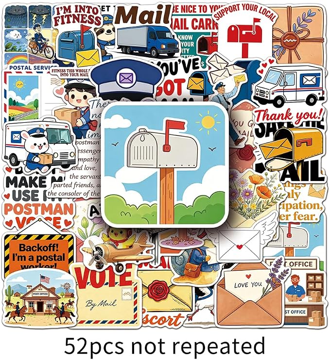 Postman Stickers|50Pcs Mailman Waterproof Vinyl Decals | Removable Resuable Sun-proof Peel and Stick for Water Bottles Laptop Luggage Cup Computer Mobile Phone Skateboard Decoration