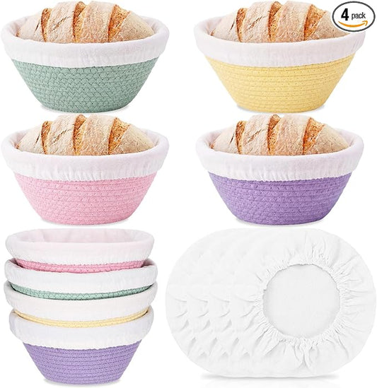 4 Pcs Round Banneton Bread Proofing Basket Set Cotton Rope Sourdough Bread Banneton Basket with Liners Covers for Baking Supplies(5 Inch)